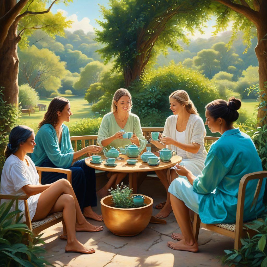 A serene community gathering scene in a cozy outdoor setting, featuring diverse individuals engaged in supportive conversations, surrounded by lush greenery and soft sunlight. Incorporate subtle symbols of mental health, like calming blue and green tones, with comforting elements like cushions and tea, promoting a warm, healing atmosphere. Include a gentle, hopeful vibe to evoke connection and understanding. super-realistic. vibrant colors. painting.