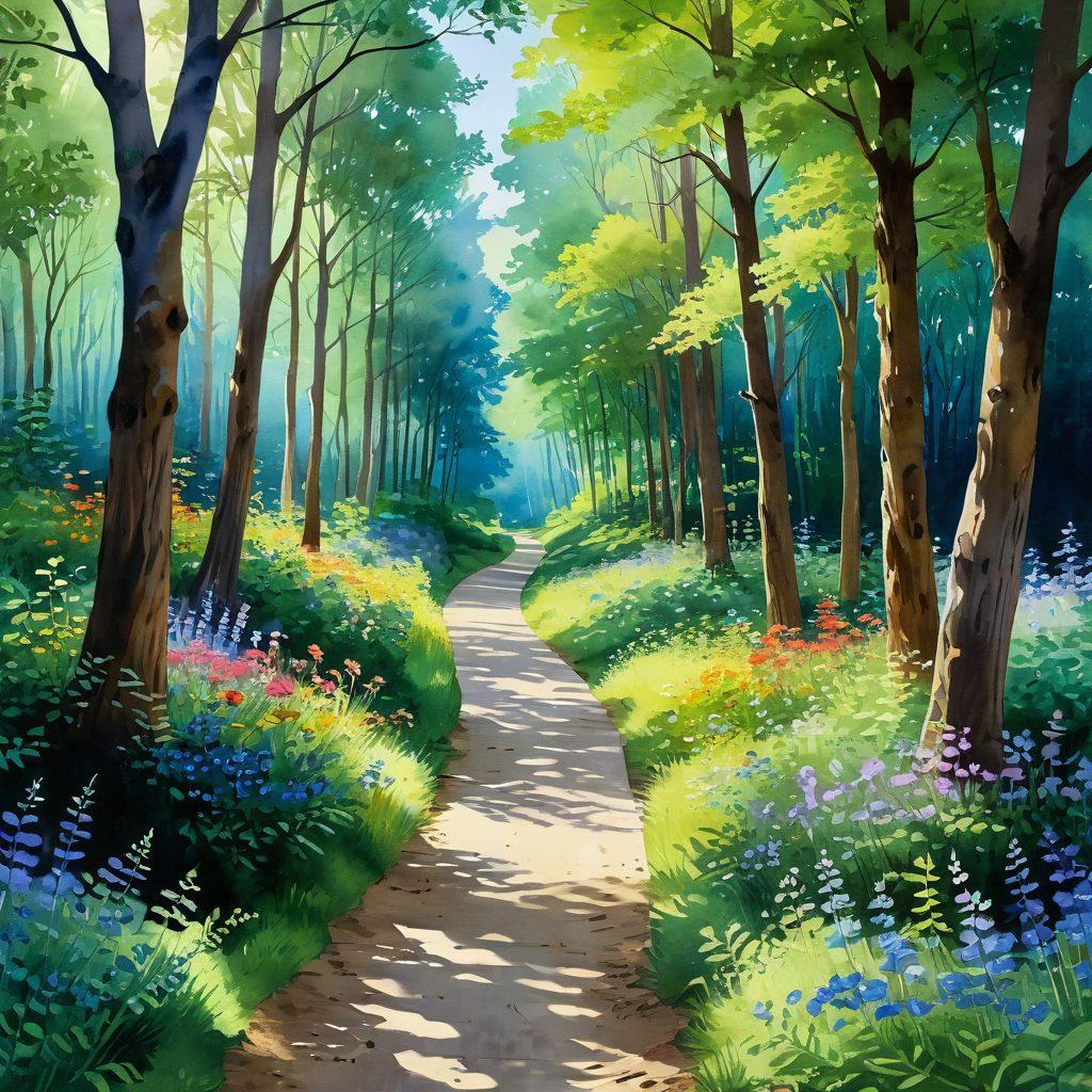 A serene pathway winding through a lush green forest, illuminated by soft sunlight filtering through the trees, symbolizing hope and healing. Alongside the path, colorful flowers bloom, representing support and growth, while gentle silhouettes of diverse individuals walk together, sharing moments of comfort. The sky is a bright blue, evoking a sense of peace and optimism. watercolor style. vibrant colors.